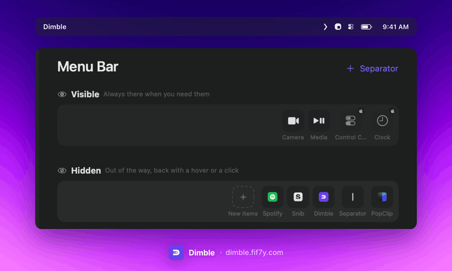 The layout editor under the menu bar: Spotify is dragged from Hidden to Visible, nothing moves in the bar, Apply lights up, one press and Spotify appears in the bar