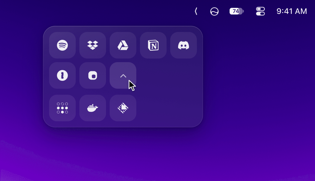 The hidden icons in a panel: a hover opens the panel under the menu bar, a click on the +3 fold opens Always Hidden, typing ta narrows it to Tailscale, Return closes the panel and Tailscale's menu drops from its own icon