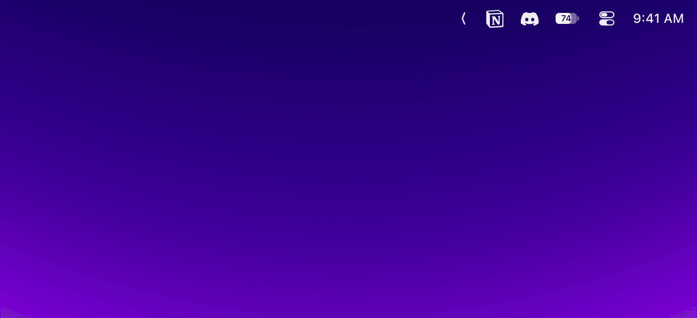 Dimble Search: ⌥⌘K opens a search panel under the menu bar, typing bt finds Bluetooth, Return opens Bluetooth's menu from its own icon and the arrow keys move down it