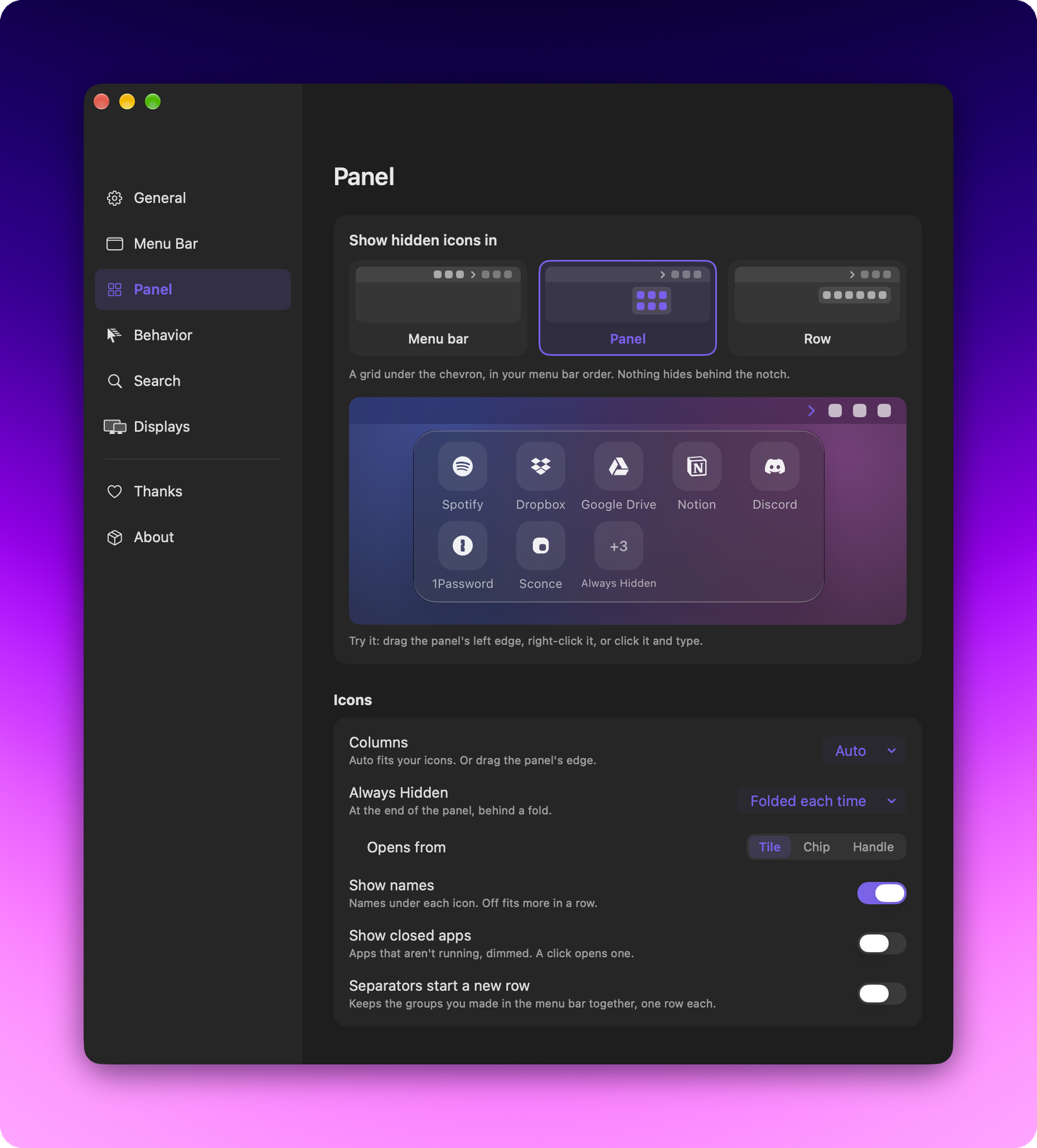 Panel pane: the Menu bar, Panel and Row choice for where hidden icons open, a live preview of the panel, and the columns, fold style, Always Hidden, show names, closed apps and separator options